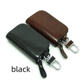 Genuine cowhide leather car key case with frosted finish showing black and brown colour options