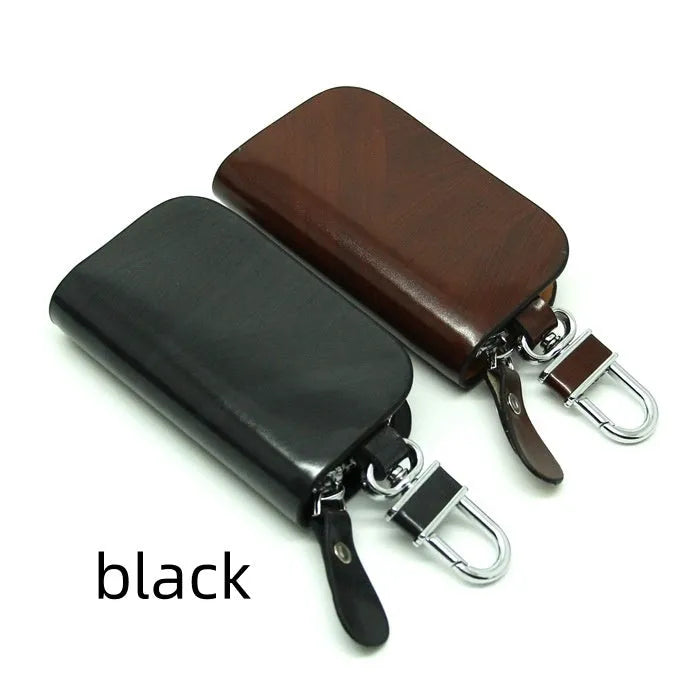 Genuine cowhide leather car key case with frosted finish showing black and brown colour options