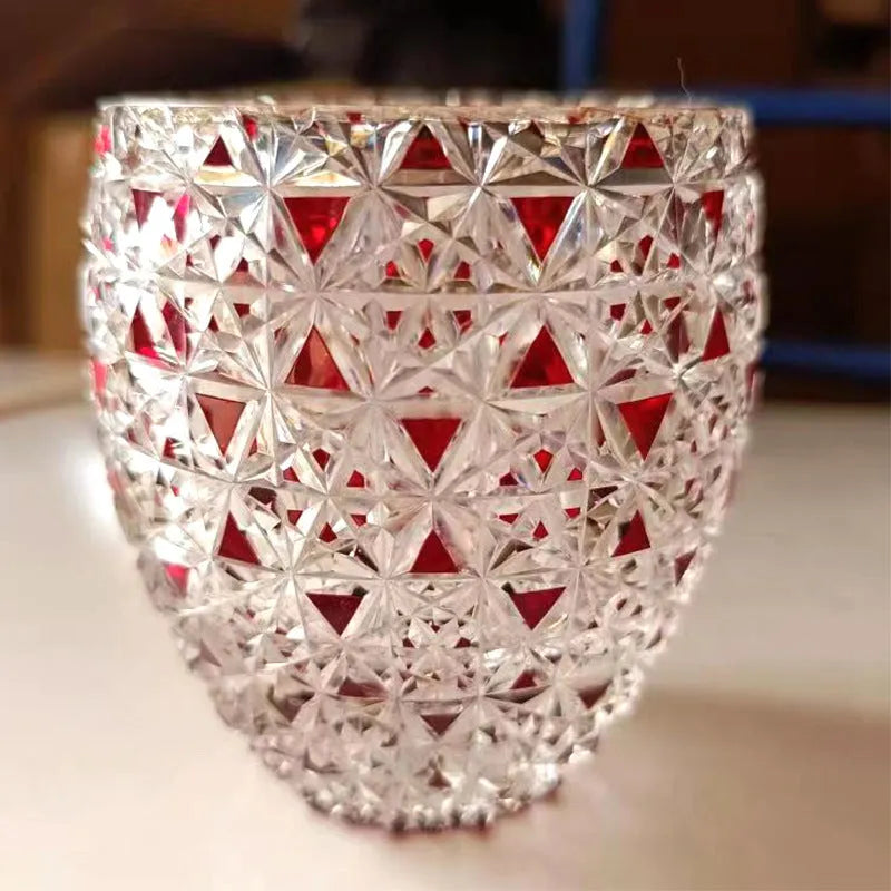 Red hand-carved crystal glass cup with Japanese Jianghu cut pattern, cylindrical shape, 201-300 ml capacity