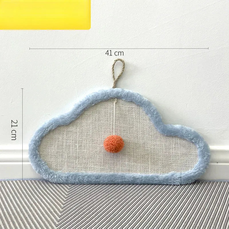 White cat scratching mat with sleeping cat pattern made from natural sisal rope