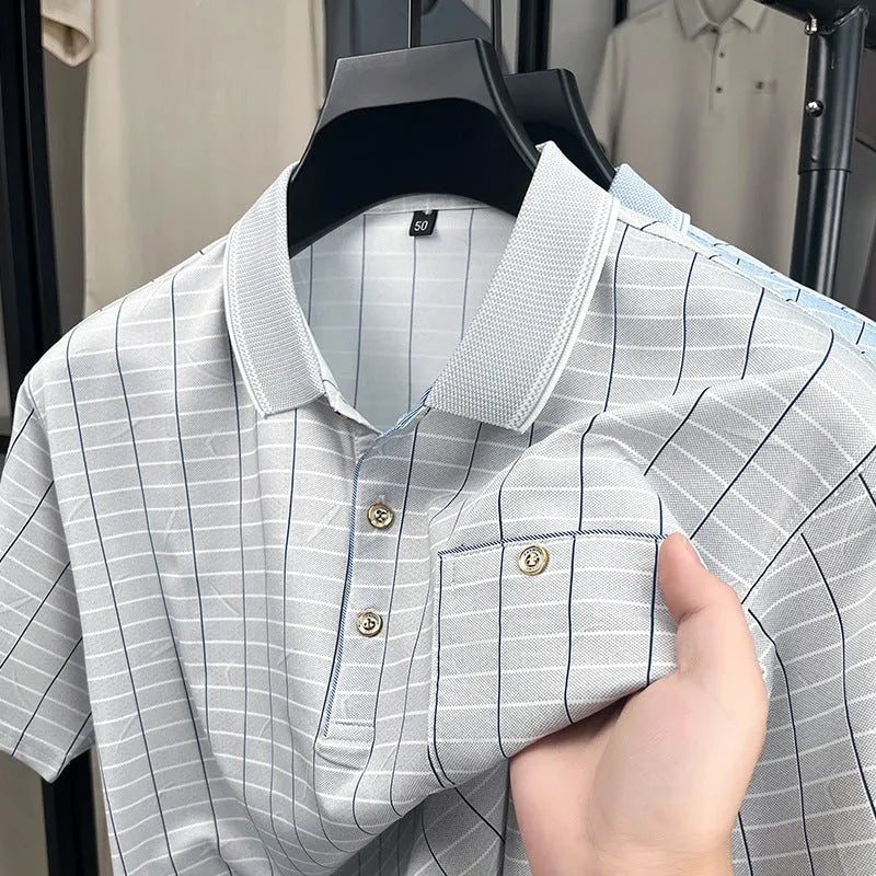 Men's ice silk plaid pullover summer top in light blue or light grey, loose fit, sizes M to XXXXL