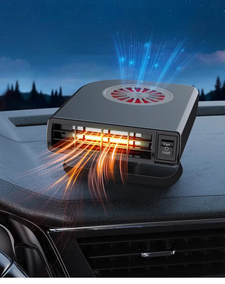 Black ABS vehicle-mounted heater measuring 11x6.5x14cm for 12V defrosting defogging and air purification