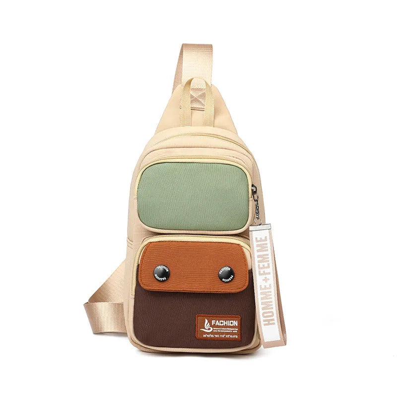 Nylon crossbody shoulder bag for outdoor leisure in beige contrast colour with letter pattern.
