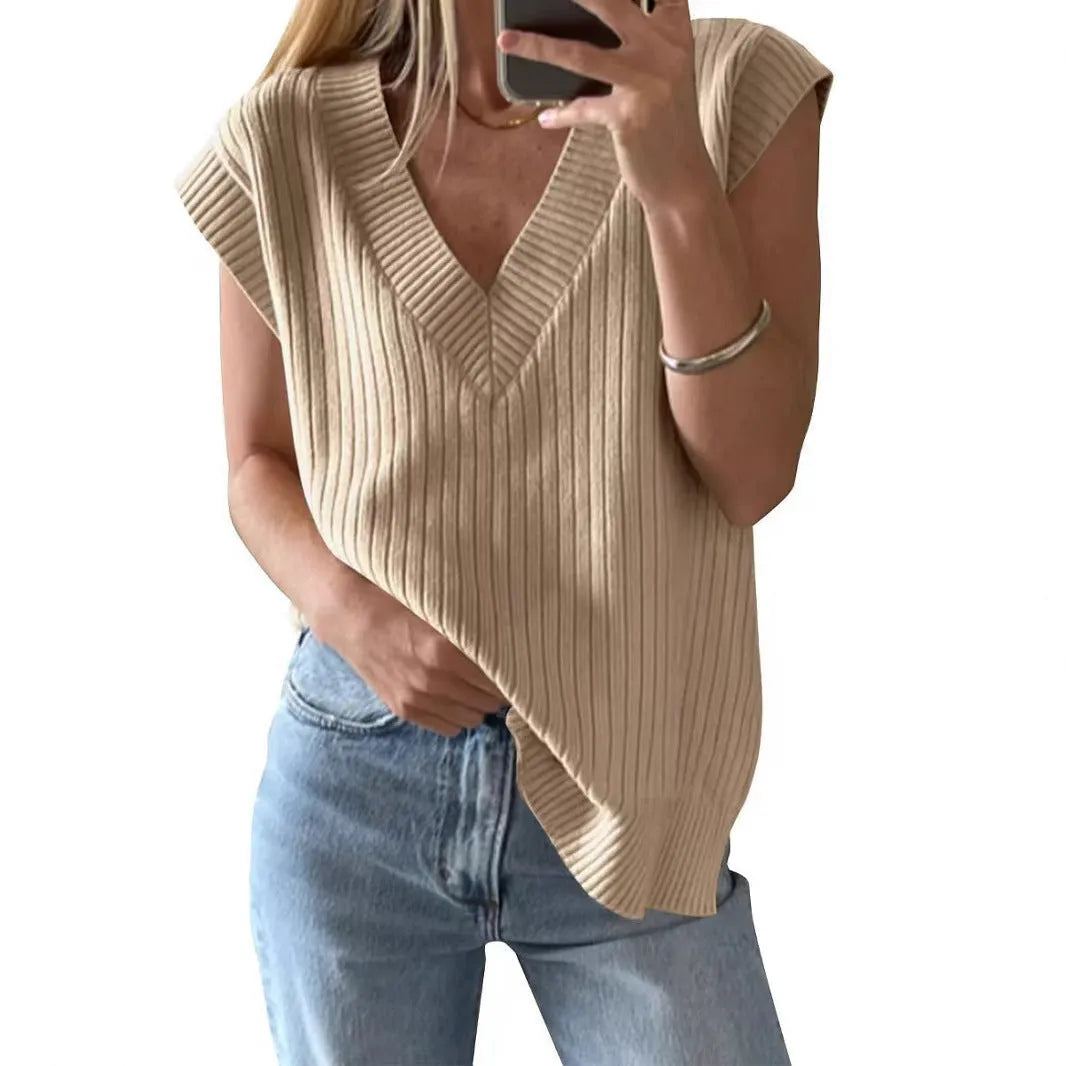 Women's V-neck sleeveless loose pullover vest in viscose fabric, shown in striped or plaid pattern