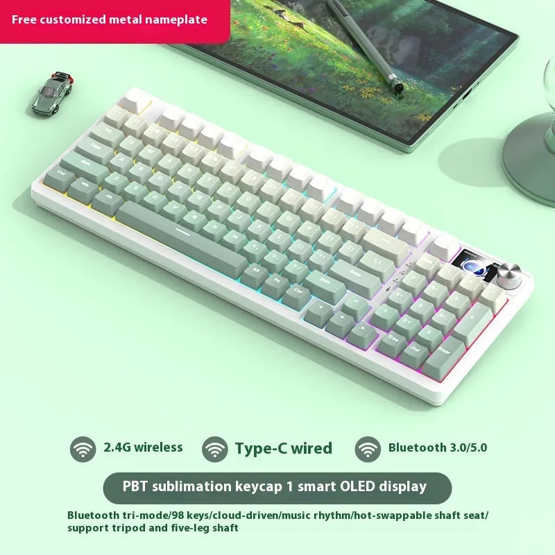 98 key wireless Bluetooth mechanical keyboard kit with optional display screen and metal knob