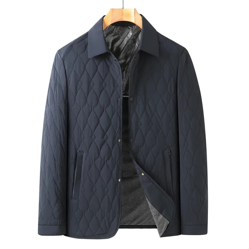 Men's lightweight diamond lattice cotton-padded coat in black, front view, regular fit
