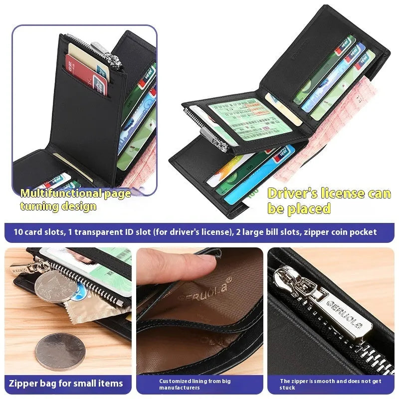 Men's short leather wallet with zipper closure in brown colour showing rhombus pattern.