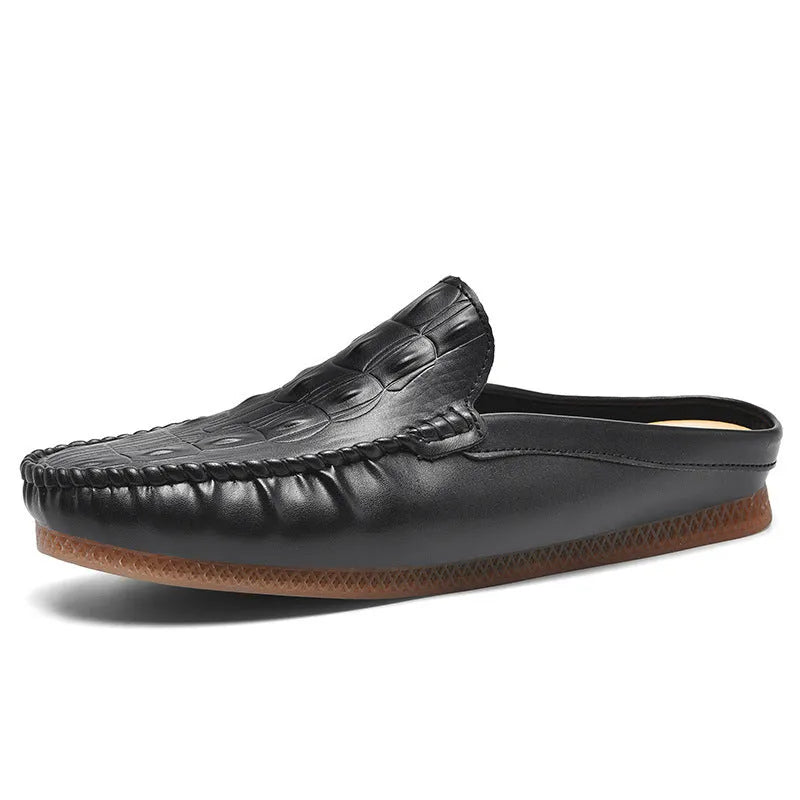 Men's black artificial PU summer semi-slippers with rubber sole shown from side view