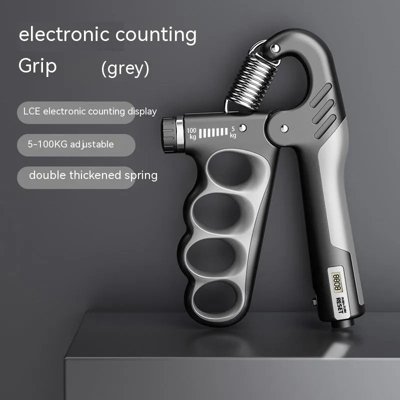 Adjustable spring grip hand strengthener with electronic counter display