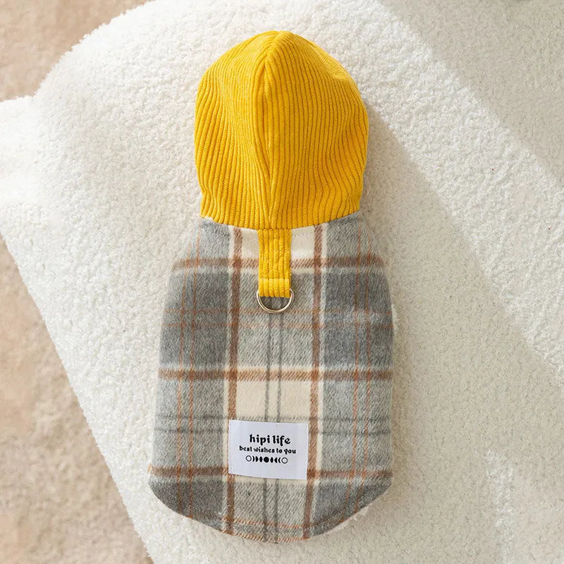Blue corduroy chessboard pattern hooded vest for dog on size chart showing weights from 0.5kg to 10kg