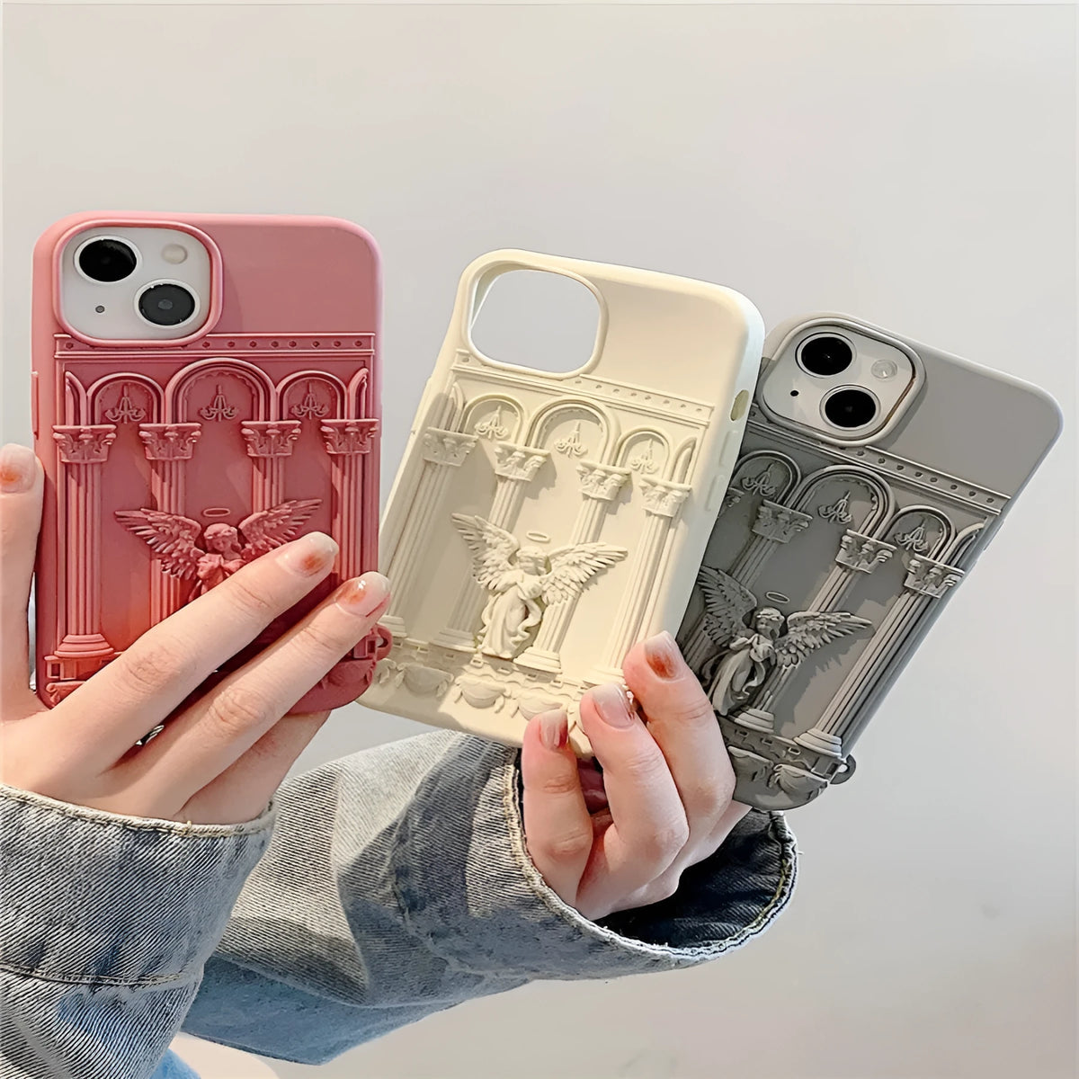 Creative Relief prayer angel drop-resistant silicone phone case in beige for iPhone