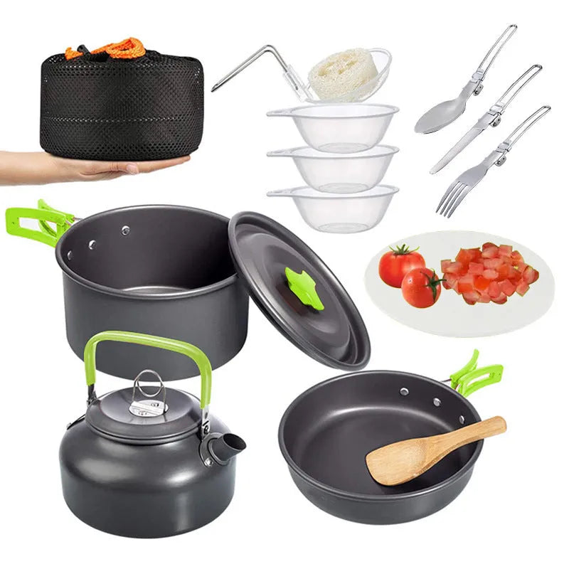 Folding camping pot set for 2-3 people in aluminium alloy, shown as a portable mini cookware kit in green, black, or orange.