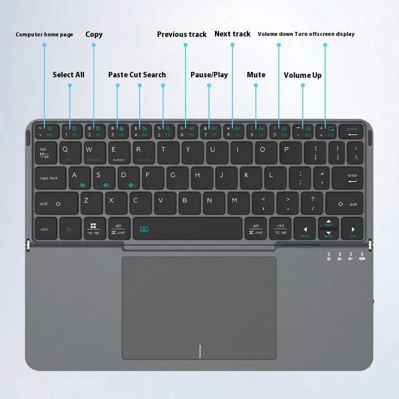 Grey aluminium Bluetooth folding keyboard for smartphones and tablets in compact folded position
