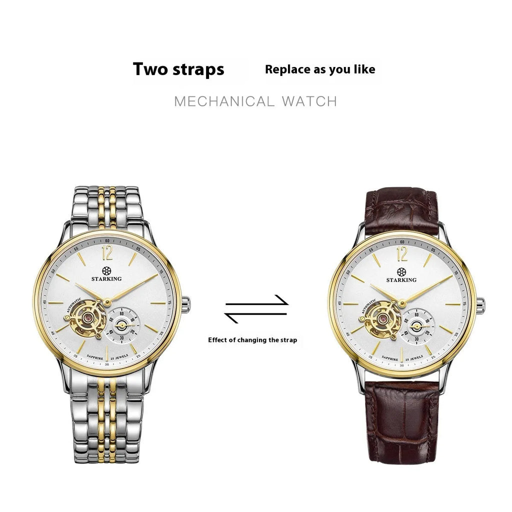 Automatic mechanical men's business watch with brown leather strap and stainless steel case