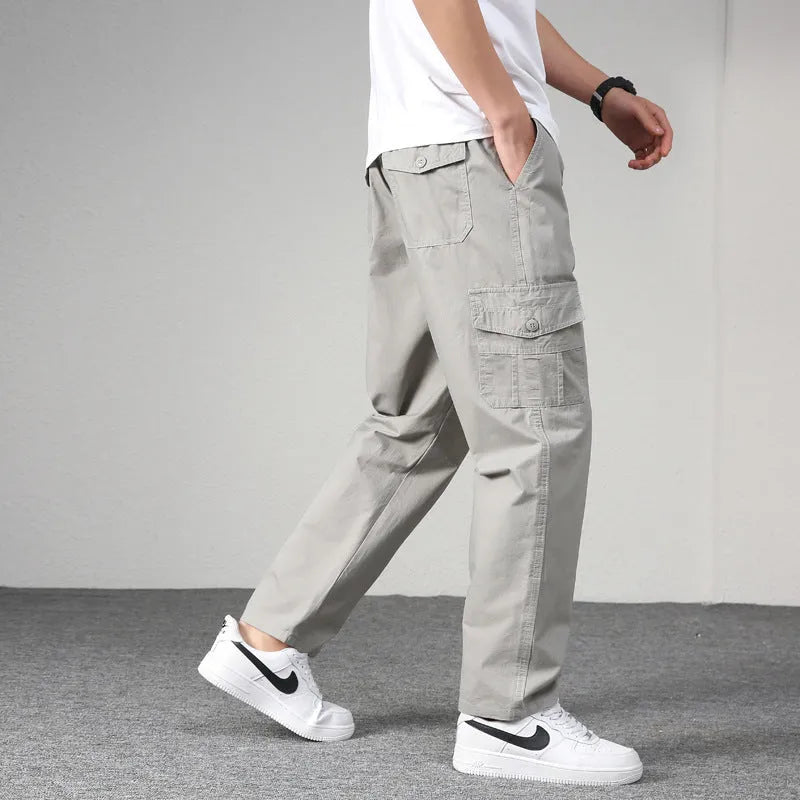Men's cotton straight-leg casual pants in khaki, black, army grey, dark grey or light grey, sizes M to 6XL