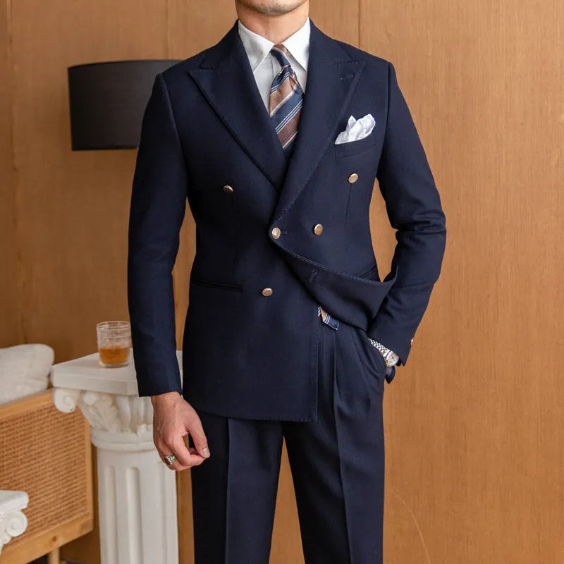 Men's slim double breasted suit set in off-white with two-button front and long sleeves, shown on hanger