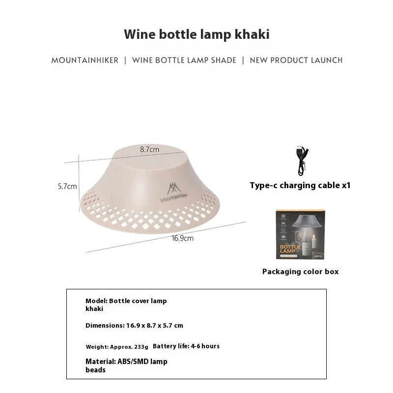 Beige wine bottle-shaped camping lantern with USB-C charging port and LED lights