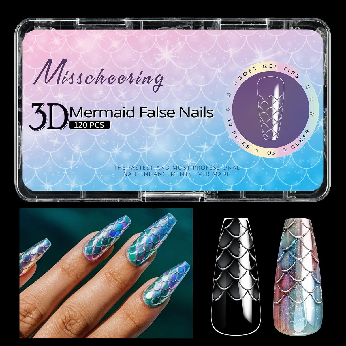 Pack of 3D scale texture long artificial nail tips with deep C-Cut, shown in Frigate Box colour options.