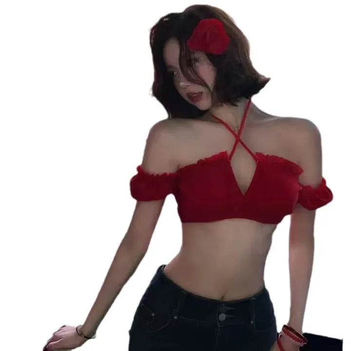 Red women's bikini swimsuit with puff sleeve skirt design in nylon fabric