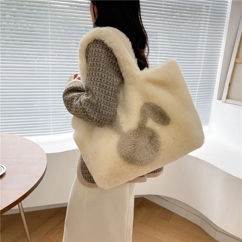 Plush rabbit ears shoulder tote bag in six colours for women's autumn winter shopping