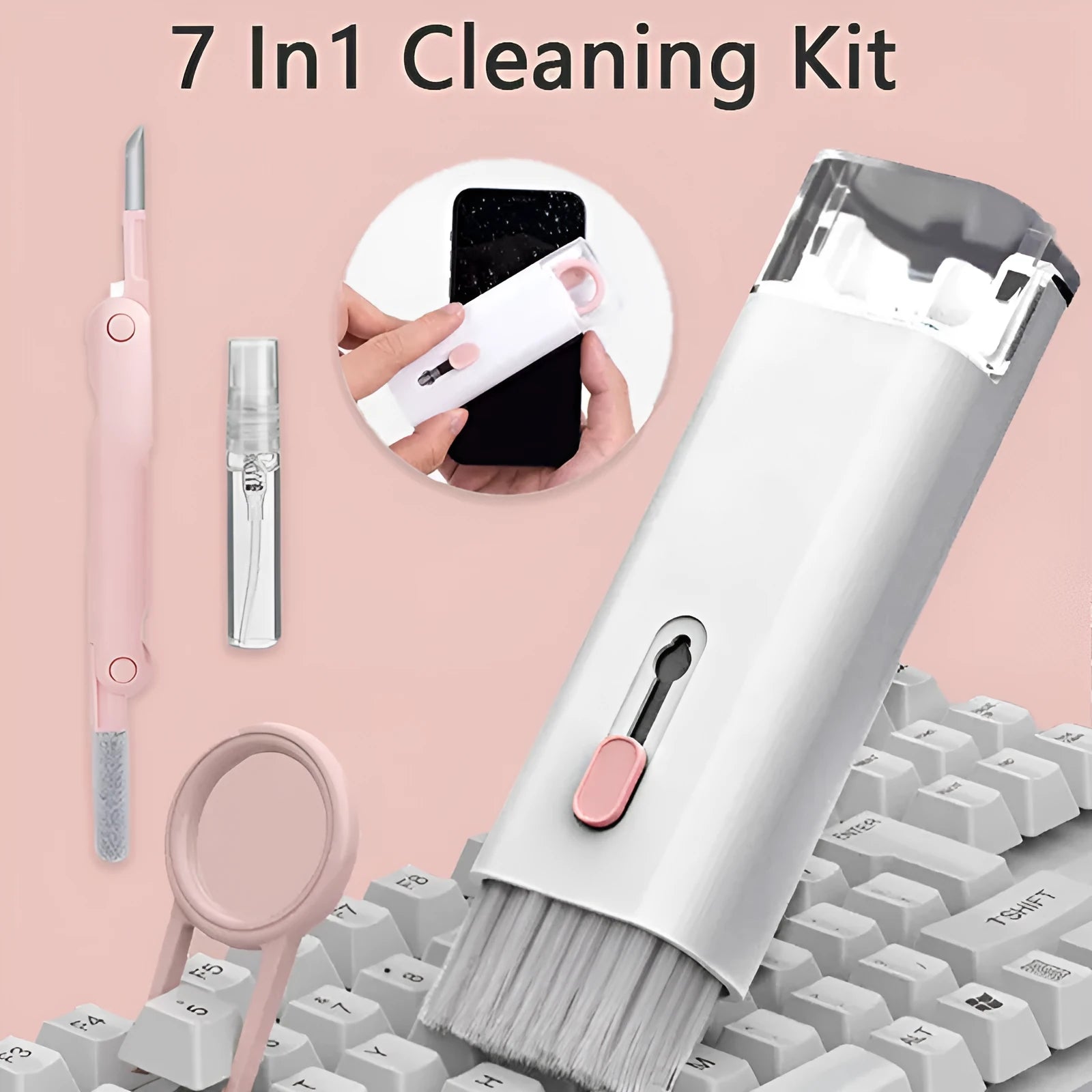 Multifunctional cleaning kit with a double-headed pen, retractable brush, and spray bottle on a white background