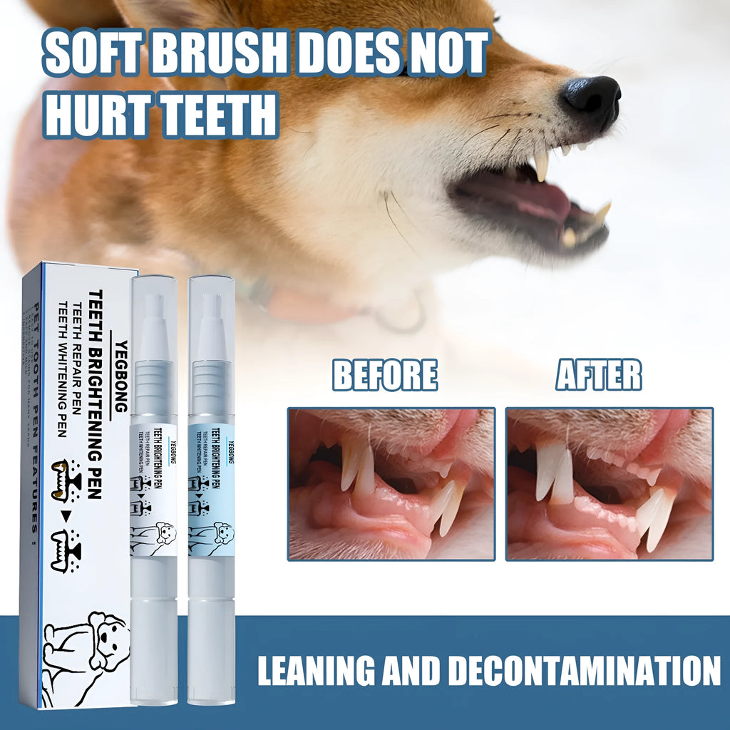 Yegbong pet teeth whitening pen kit with two 3ml pens and two dental brushes.