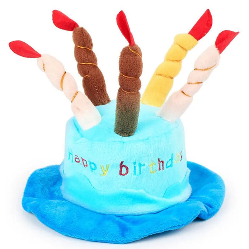 Blue and pink birthday hat for dogs on a white background.