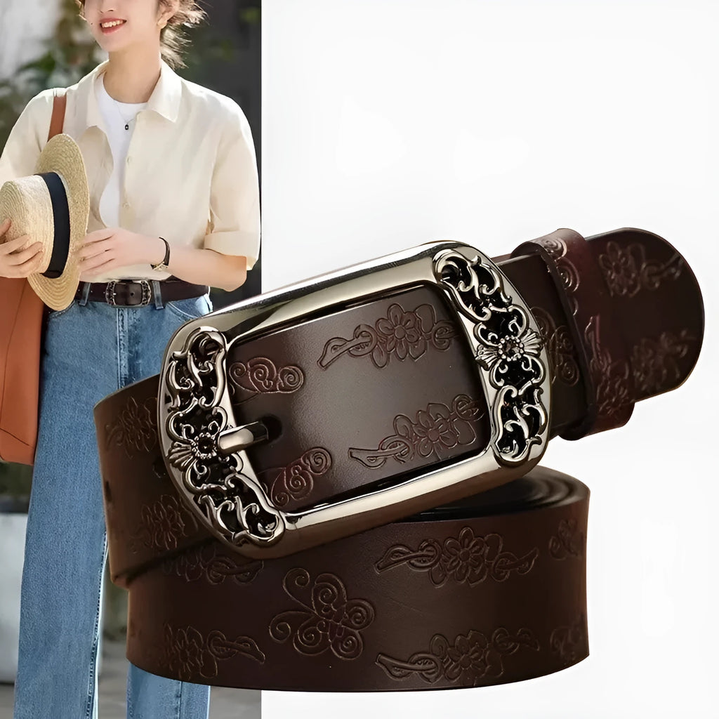 Thin black PU leather women's belt with alloy buckle on jeans