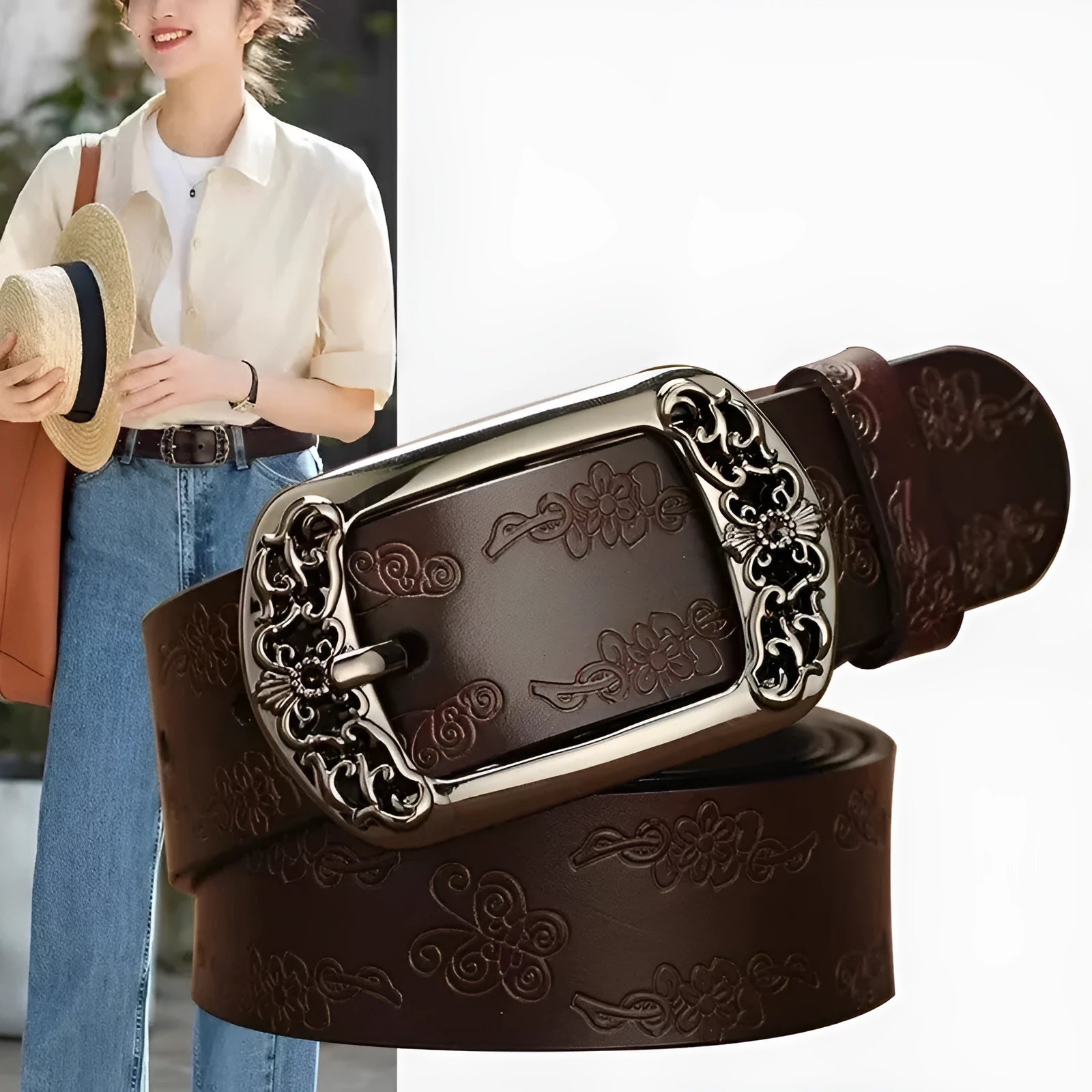 Thin black PU leather women's belt with alloy buckle on jeans