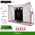 Golf wedge training kit showing 3-hole cross net, straw practice mat, white and red practice balls, and setup accessories