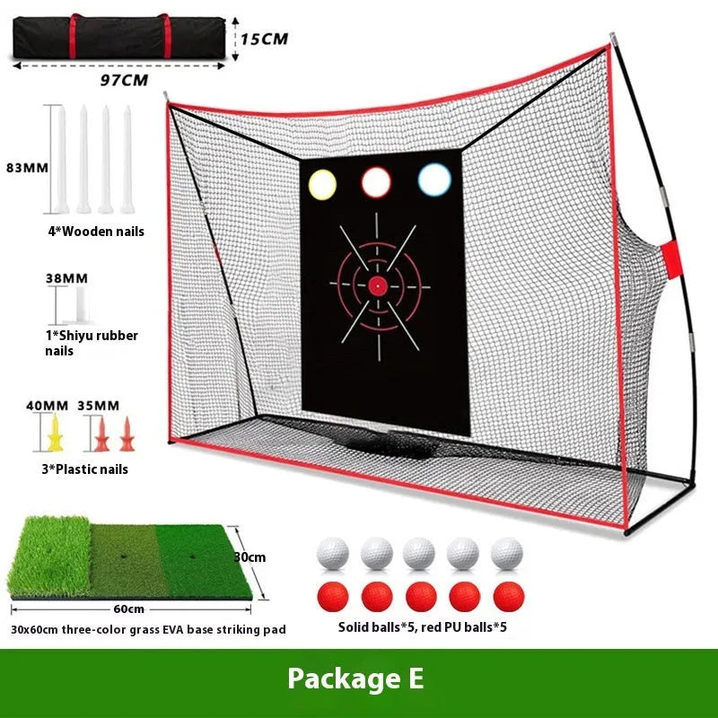 Golf wedge training kit showing 3-hole cross net, straw practice mat, white and red practice balls, and setup accessories