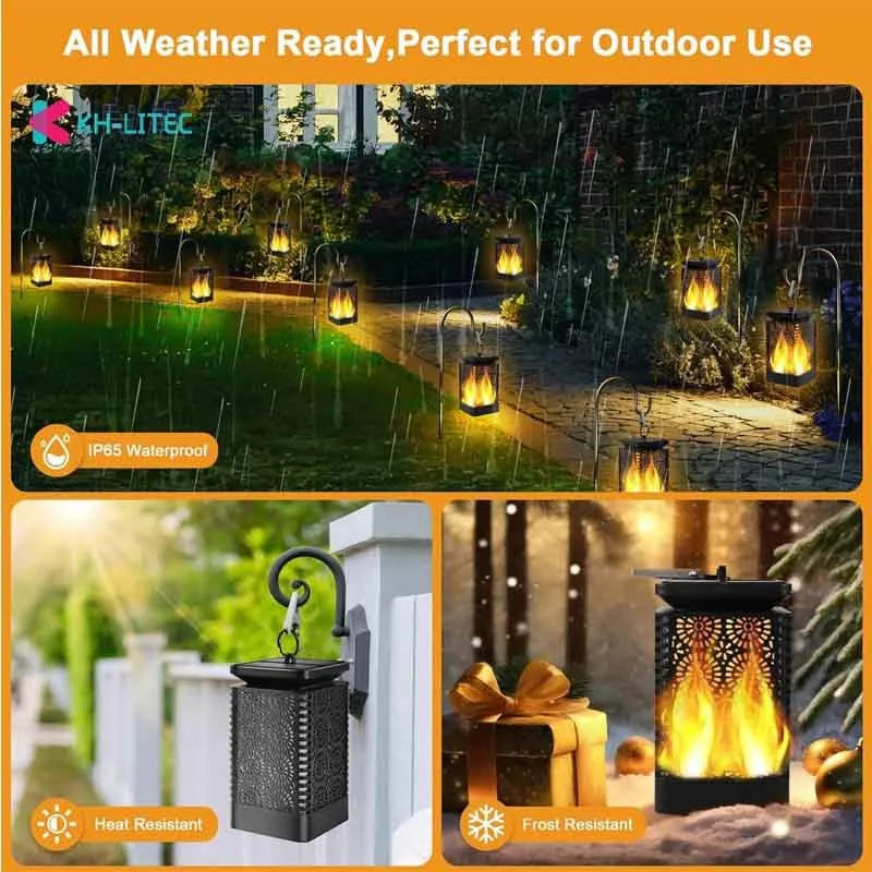 Black solar hanging flame torch light with LED flickering effect for outdoor garden decoration