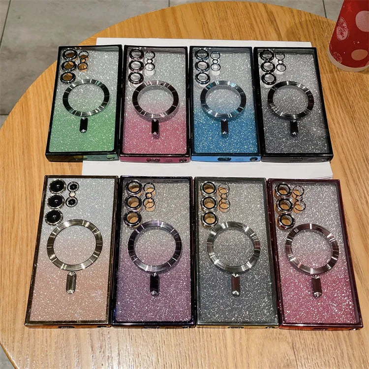 TPU magnetic gradient glitter phone case for Samsung S23 Ultra in gradient flash finish showing rainbow colours