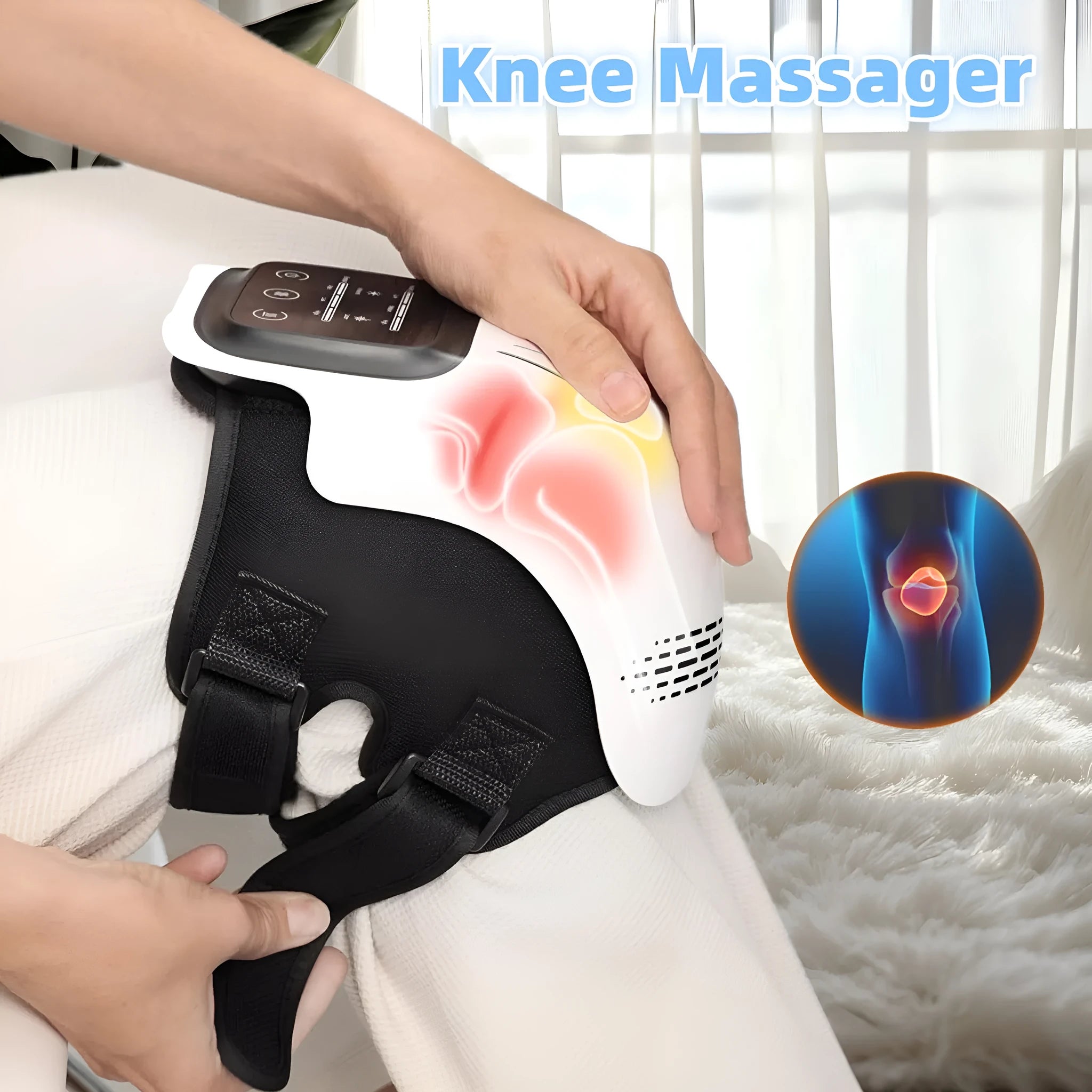 Rechargeable electric knee massager in white or wood colour with USB charging cable