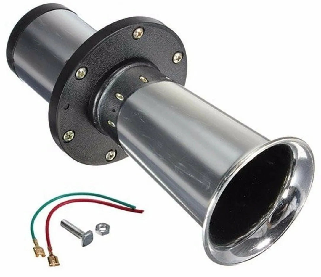 12v black automotive horn with silver housing for universal vehicle replacement
