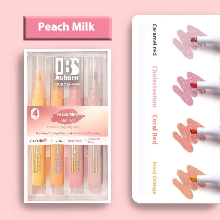 Set of four glitter highlighter pens with slanted 4mm tips in six colour variants including Taro Puff and Mung Bean Smoothie.