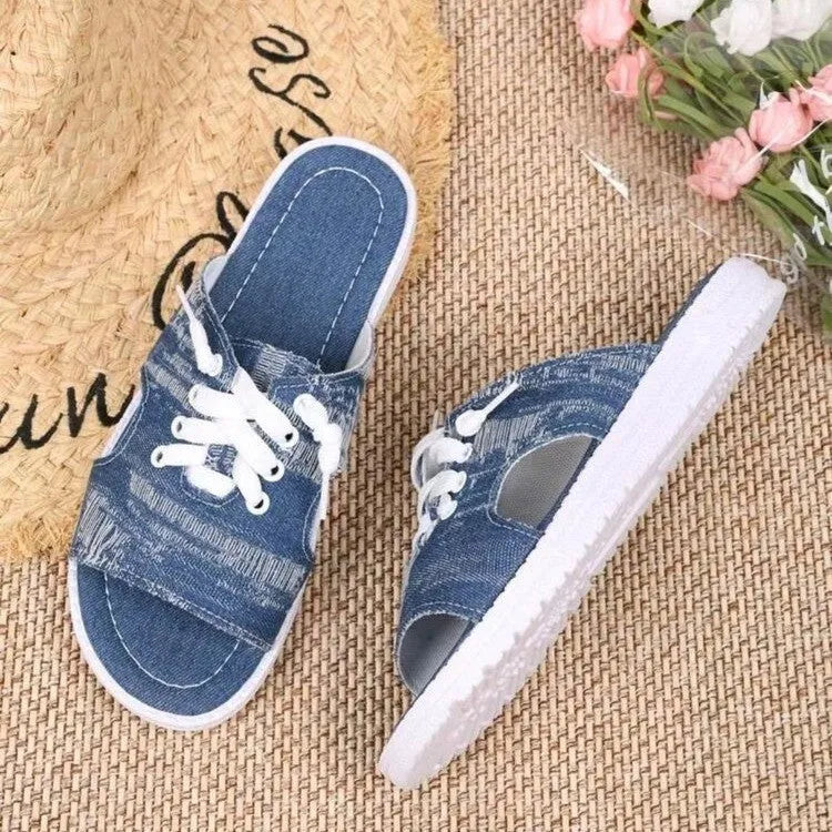 Blue Roman style flat canvas slippers for women with a cloth upper and rubber sole