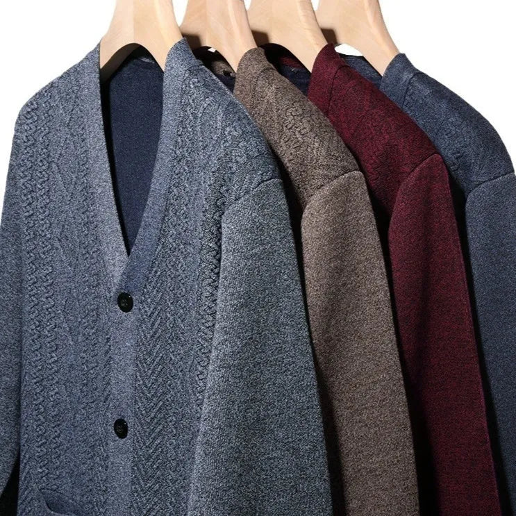 A men's long-sleeved striped cardigan sweater in a brown colour with a wool lining.