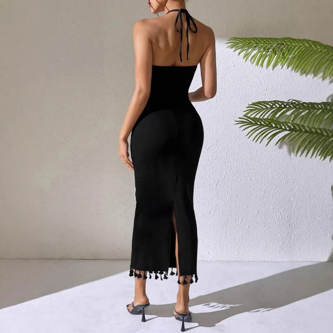 Black slim fit long small turtleneck dress with high waist and sleeveless cut in polyester fabric