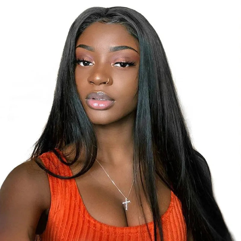 Long straight black wig with centre-parted bangs made from high-temperature fibre material