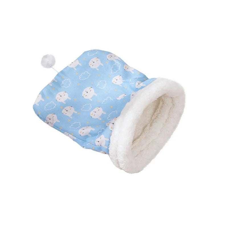 Flannel cat sleeping bag nest in blue rabbit design, measuring 50x40 cm