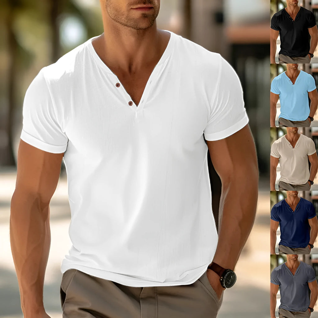 Men's cotton short sleeve T-shirt in solid colour, loose fit summer beach casual wear