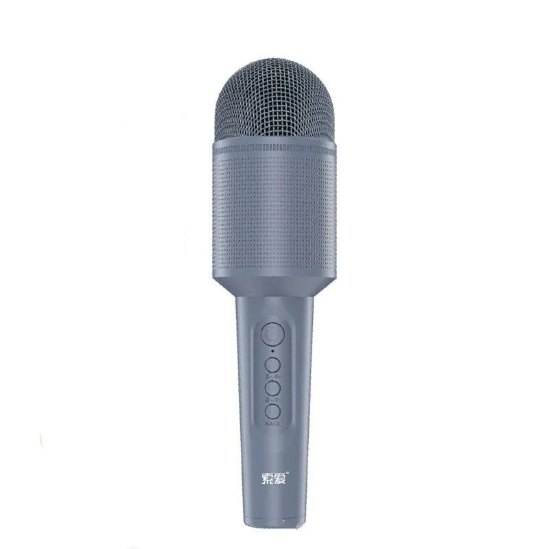 Wireless Bluetooth karaoke microphone in pink, blue, or green with integrated speaker.