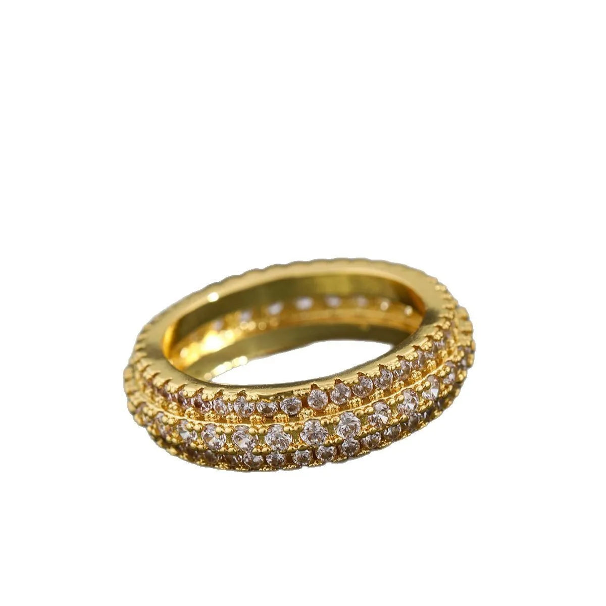 Geometric copper ring with triangular zircon inlay, shown in platinum, yellow gold and white-black finishes.