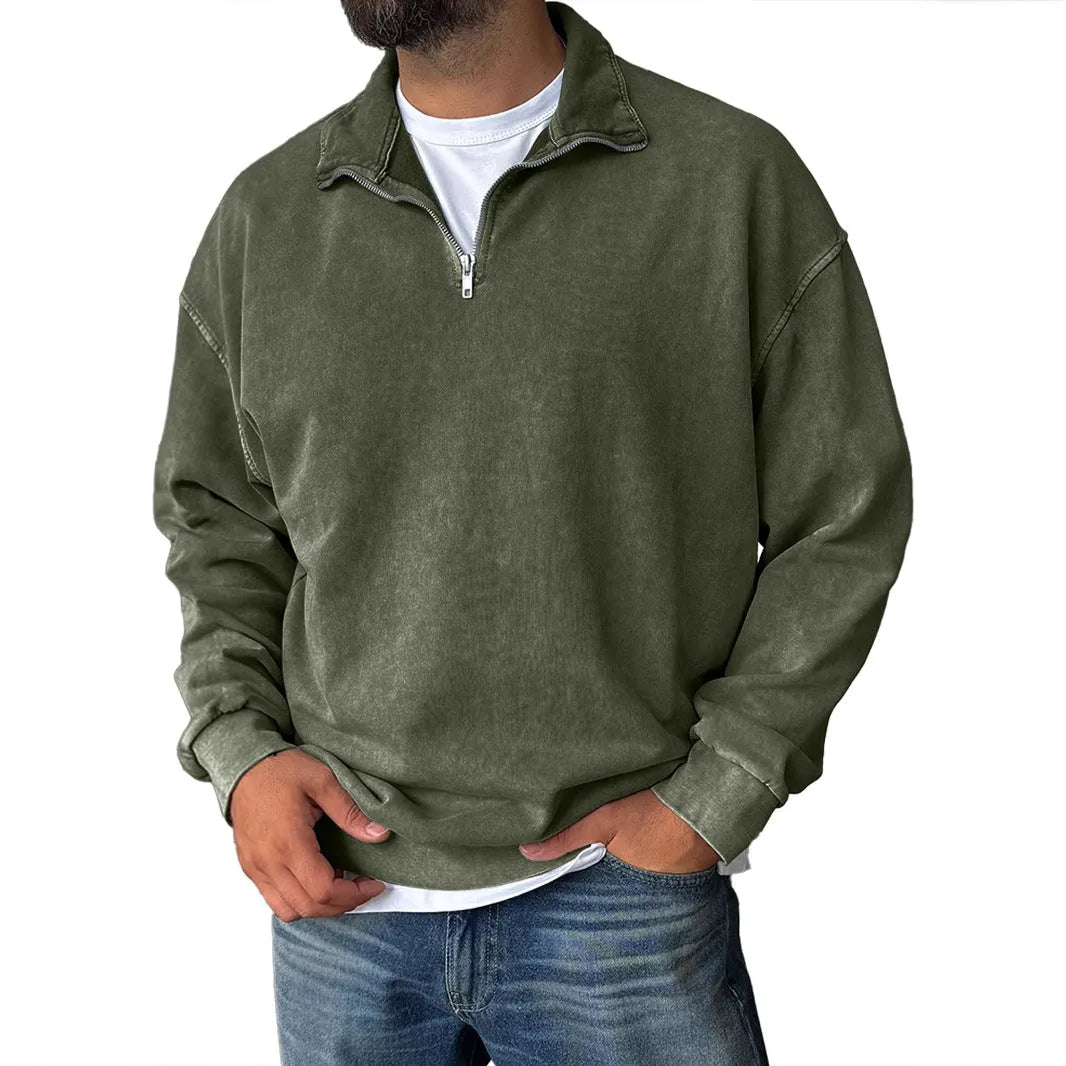 Men's loose drop shoulder stand collar cotton sweatshirt in solid colour, long sleeves, pullover style, stone-washed finish