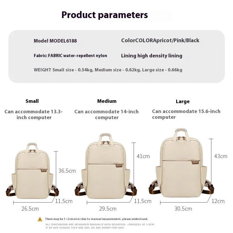 Canvas travel backpack for women in pink, black, or apricot with laptop sleeve and multiple internal pockets.