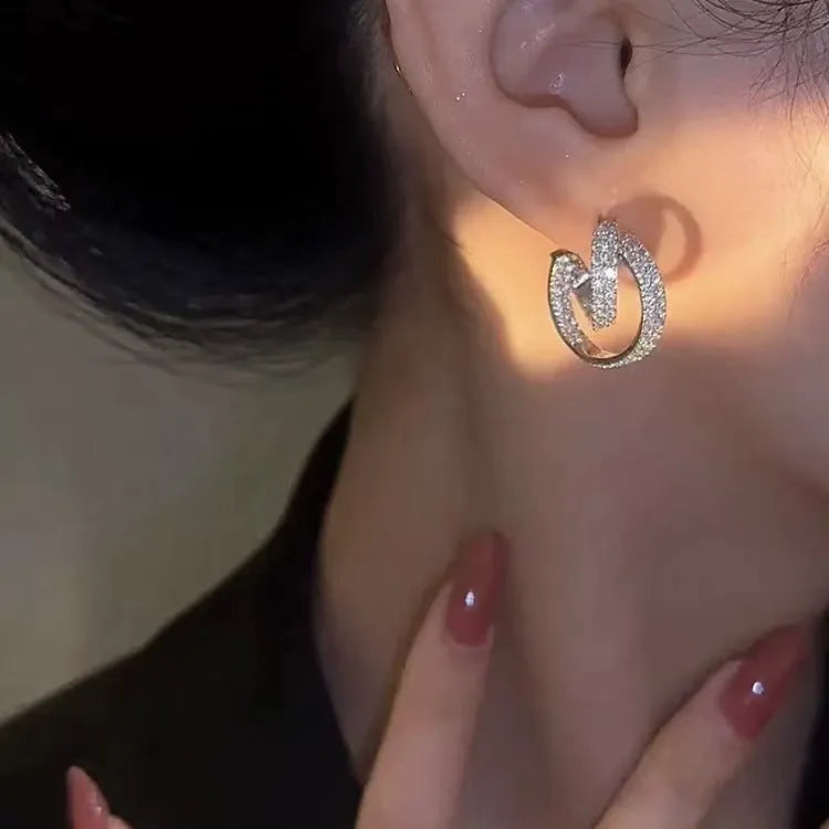 Sterling silver needle micro inlaid zircon C-shaped cross earrings for women simple geometric style