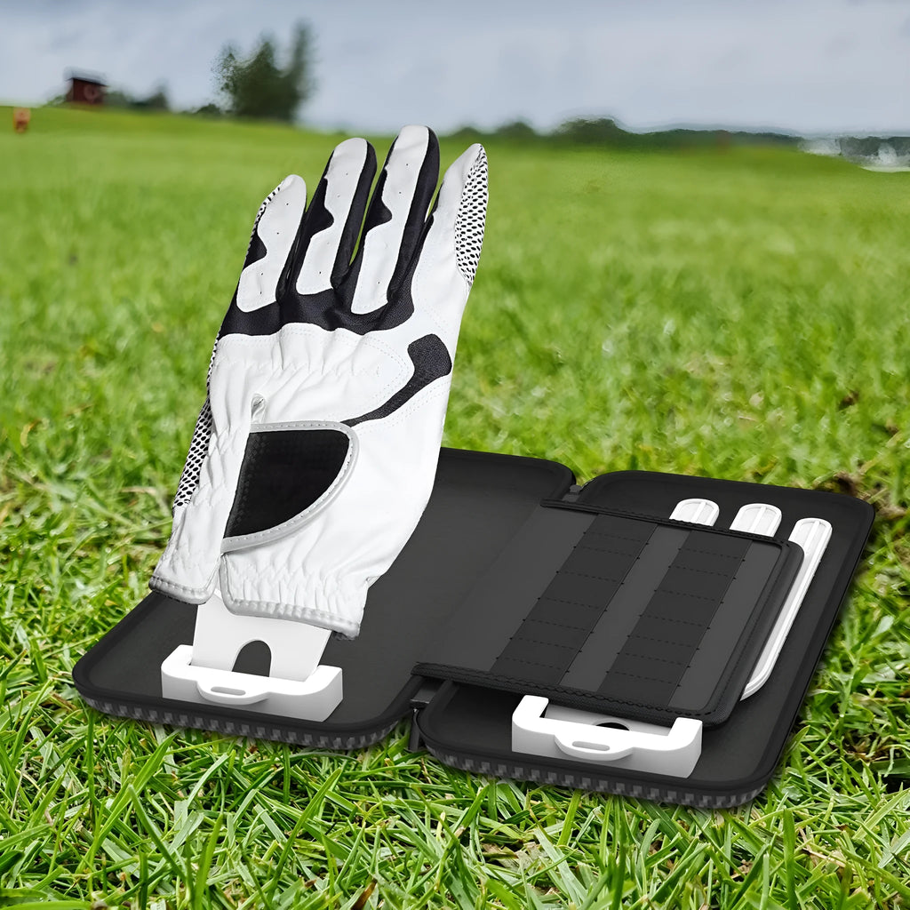Silver grey fabric golf glove storage bag for two pairs, shown with two metal marking brackets.