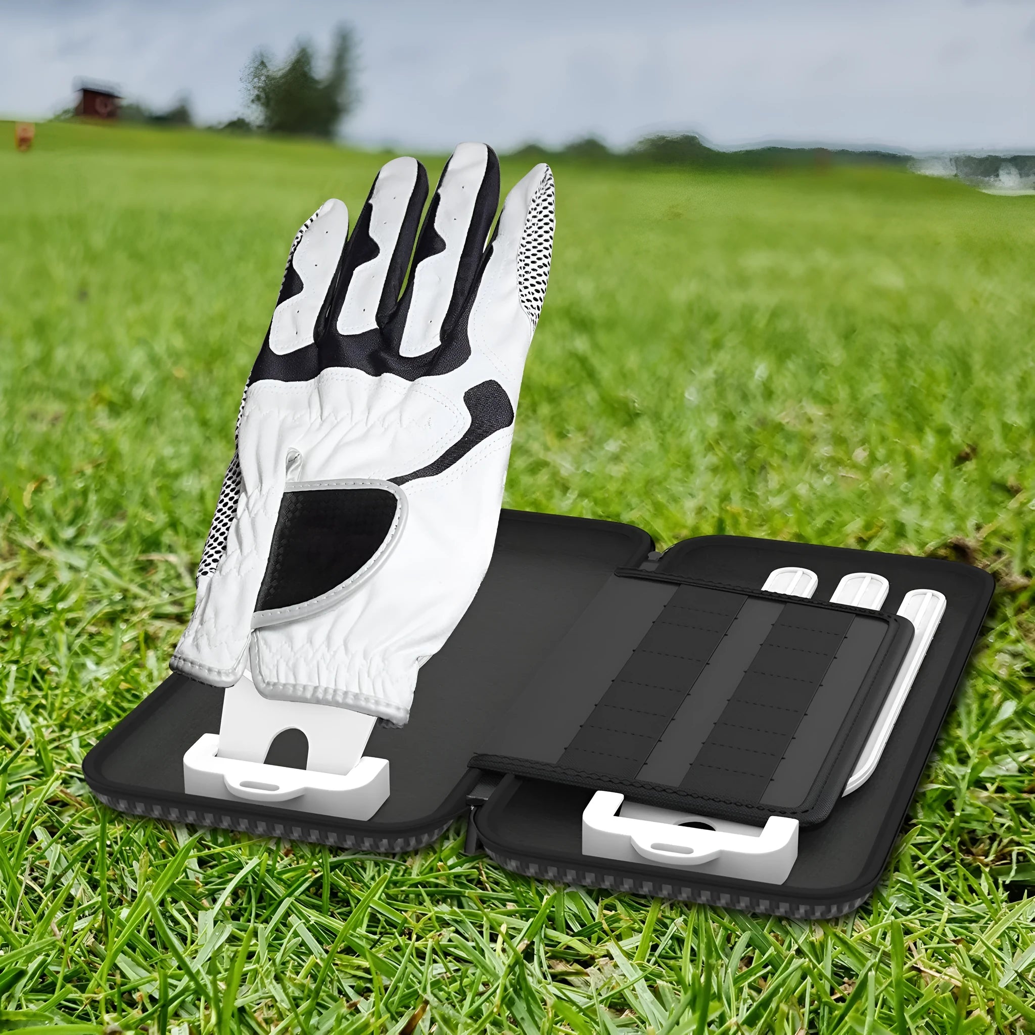 Silver grey fabric golf glove storage bag for two pairs, shown with two metal marking brackets.
