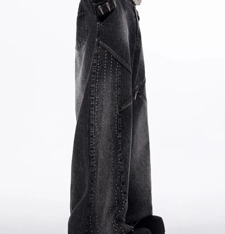 Korean style washed denim wide leg pants with matching waistcoat in black and grey